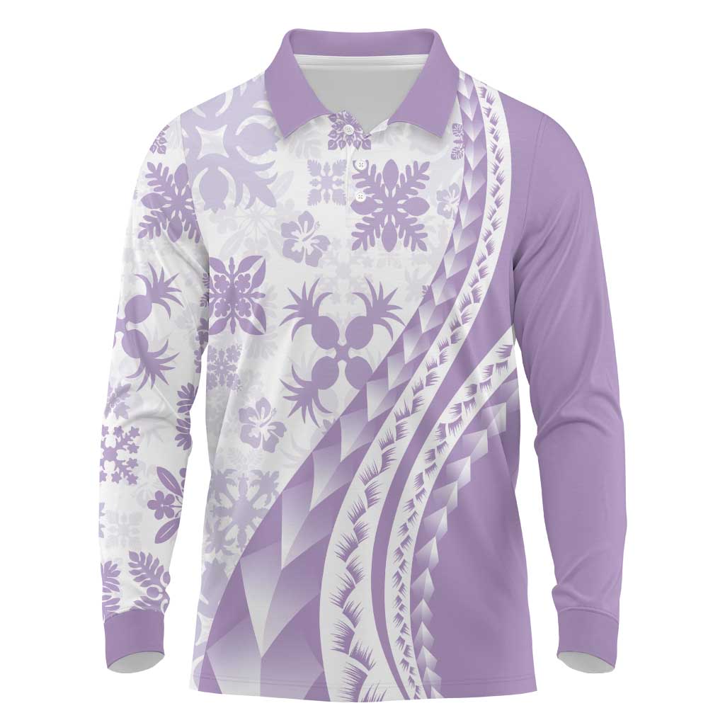 Purple Hawaiian Quilt Pattern Long Sleeve Polo Shirt Mixed Polynesian Tribal Arty