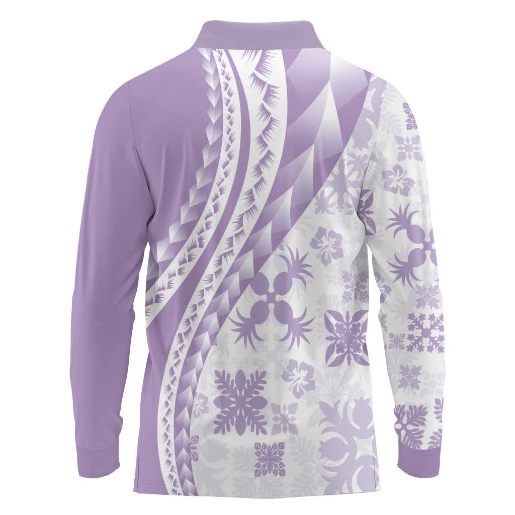 Purple Hawaiian Quilt Pattern Long Sleeve Polo Shirt Mixed Polynesian Tribal Arty