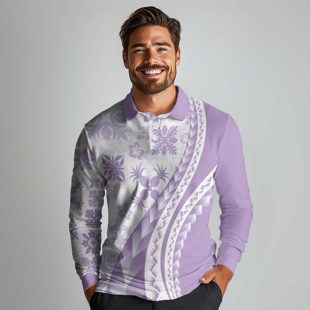 Purple Hawaiian Quilt Pattern Long Sleeve Polo Shirt Mixed Polynesian Tribal Arty
