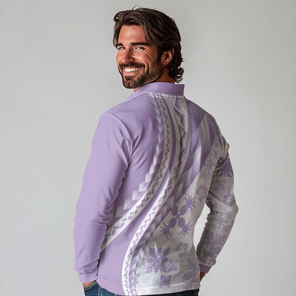 Purple Hawaiian Quilt Pattern Long Sleeve Polo Shirt Mixed Polynesian Tribal Arty
