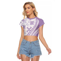 Purple Hawaiian Quilt Pattern Raglan Cropped T Shirt Mixed Polynesian Tribal Arty