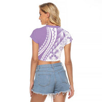 Purple Hawaiian Quilt Pattern Raglan Cropped T Shirt Mixed Polynesian Tribal Arty
