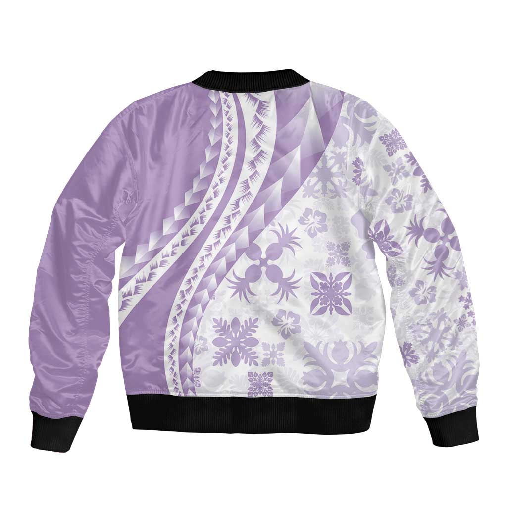 Purple Hawaiian Quilt Pattern Sleeve Zip Bomber Jacket Mixed Polynesian Tribal Arty