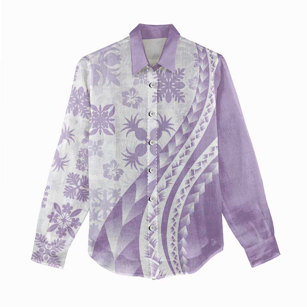 Purple Hawaiian Quilt Pattern Women Casual Shirt Mixed Polynesian Tribal Arty