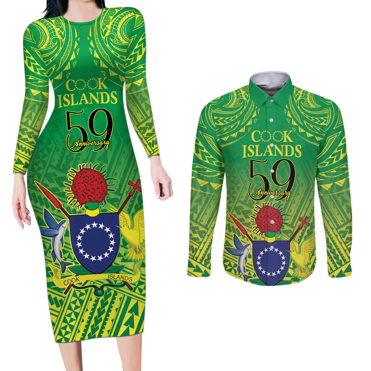 Cook Islands Constitution Day Couples Matching Long Sleeve Bodycon Dress and Long Sleeve Button Shirt Kuki Airani Since 1965