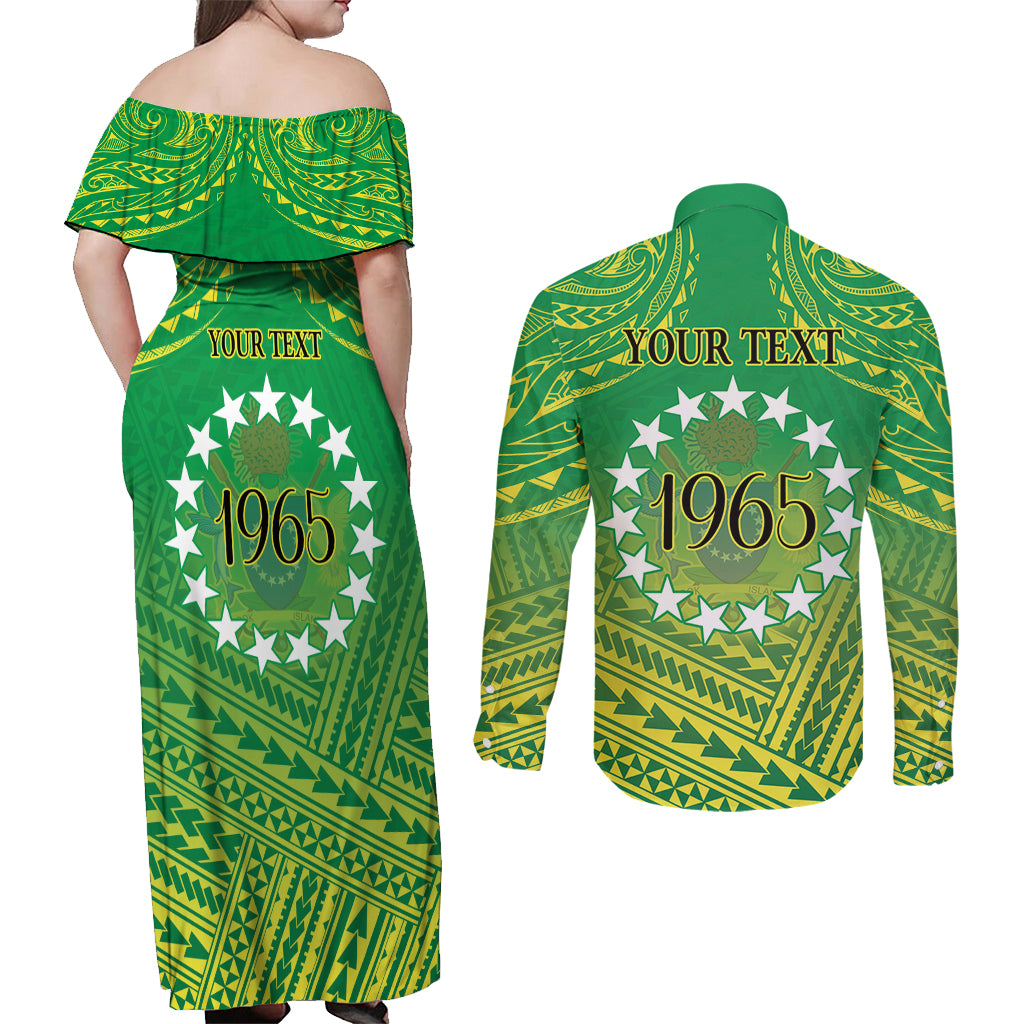 Cook Islands Constitution Day Couples Matching Off Shoulder Maxi Dress and Long Sleeve Button Shirt Kuki Airani Since 1965
