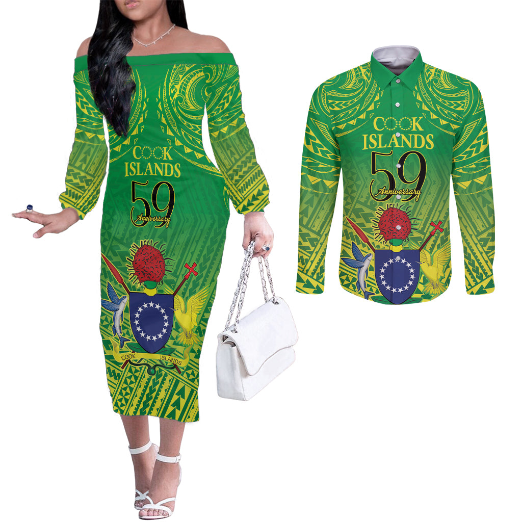Cook Islands Constitution Day Couples Matching Off The Shoulder Long Sleeve Dress and Long Sleeve Button Shirt Kuki Airani Since 1965