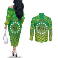 Cook Islands Constitution Day Couples Matching Off The Shoulder Long Sleeve Dress and Long Sleeve Button Shirt Kuki Airani Since 1965