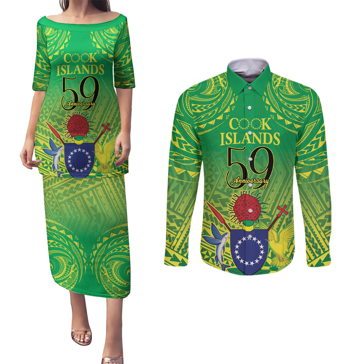 Cook Islands Constitution Day Couples Matching Puletasi and Long Sleeve Button Shirt Kuki Airani Since 1965