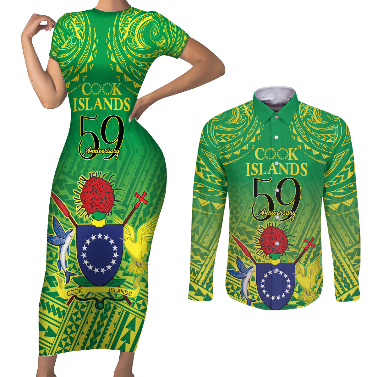 Cook Islands Constitution Day Couples Matching Short Sleeve Bodycon Dress and Long Sleeve Button Shirt Kuki Airani Since 1965