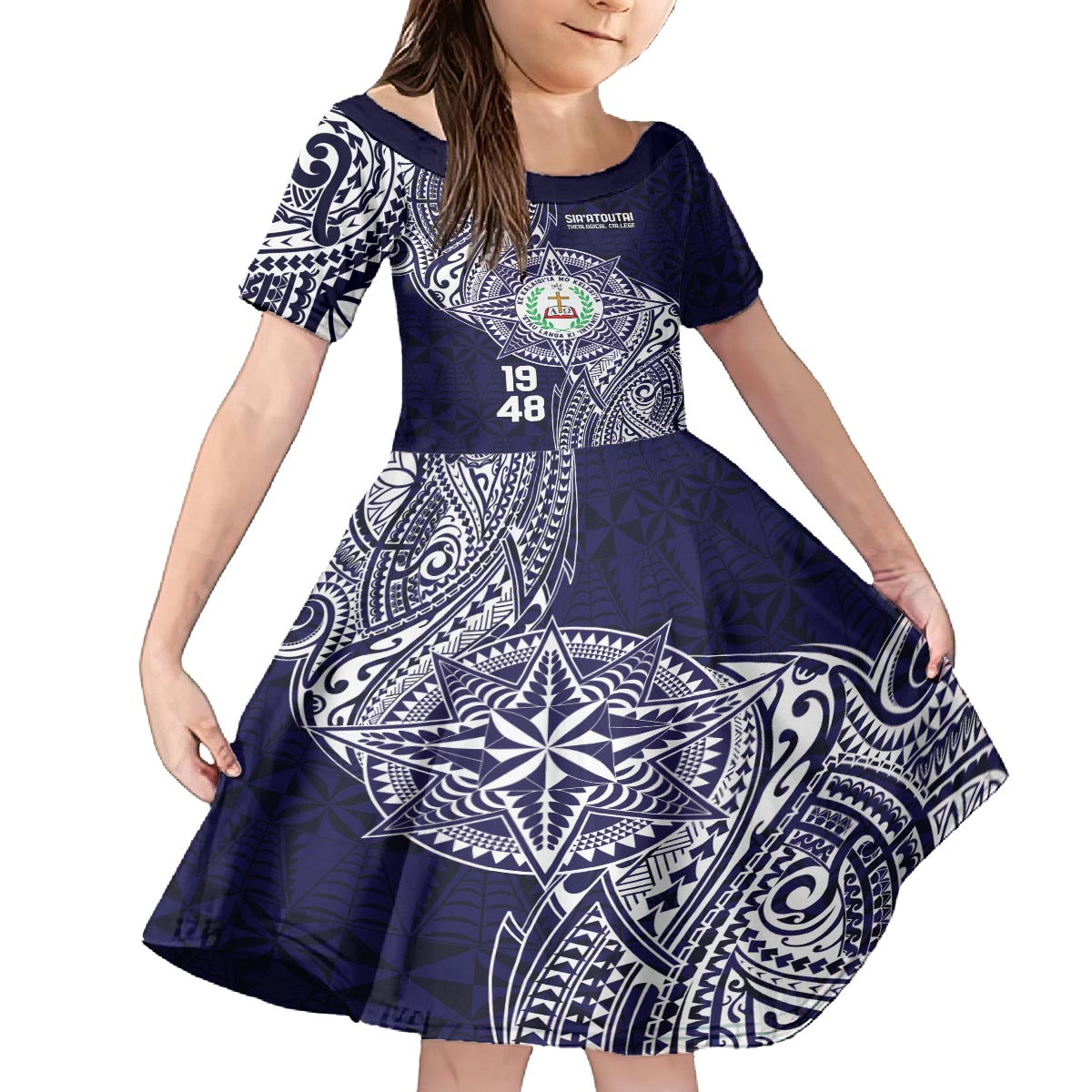 Personalised Tonga Sia'atoutai Theological College Family Matching Puletasi and Hawaiian Shirt Since 1948 Special Kupesi Pattern LT9 Daughter's Dress Navy - Polynesian Pride