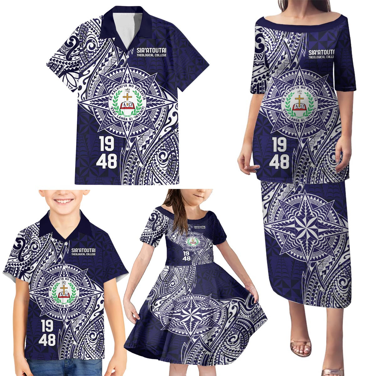 Personalised Tonga Sia'atoutai Theological College Family Matching Puletasi and Hawaiian Shirt Since 1948 Special Kupesi Pattern LT9 - Polynesian Pride