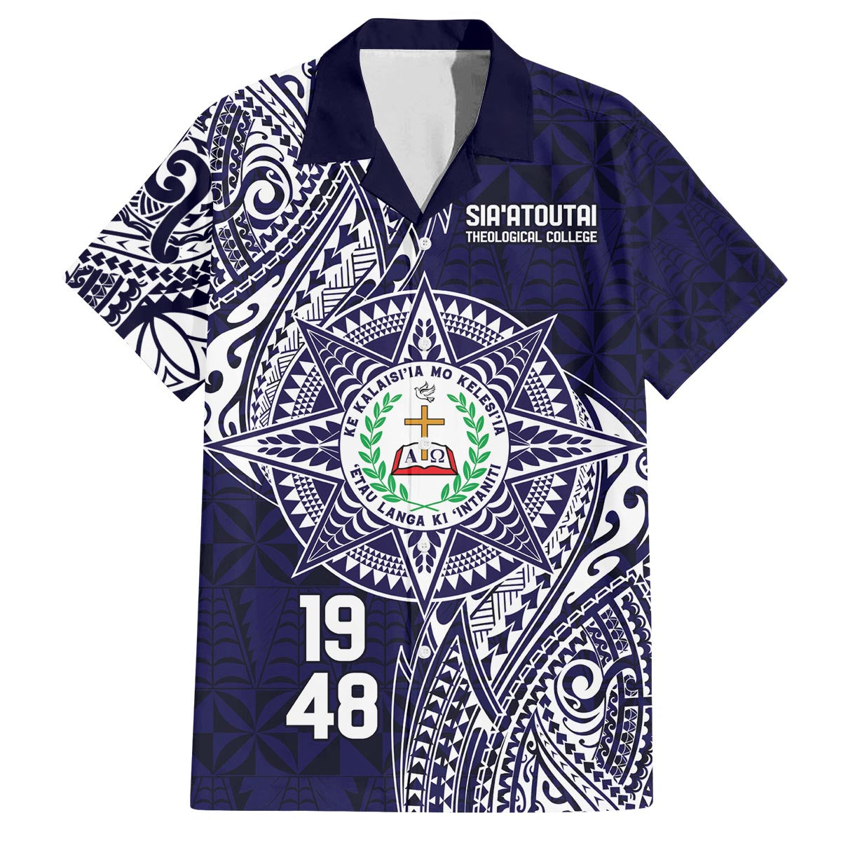 Personalised Tonga Sia'atoutai Theological College Family Matching Puletasi and Hawaiian Shirt Since 1948 Special Kupesi Pattern LT9 Dad's Shirt - Short Sleeve Navy - Polynesian Pride