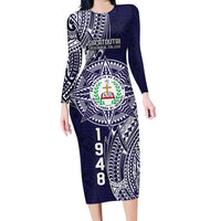 Personalised Tonga Sia'atoutai Theological College Long Sleeve Bodycon Dress Since 1948 Special Kupesi Pattern LT9 Long Dress Navy - Polynesian Pride