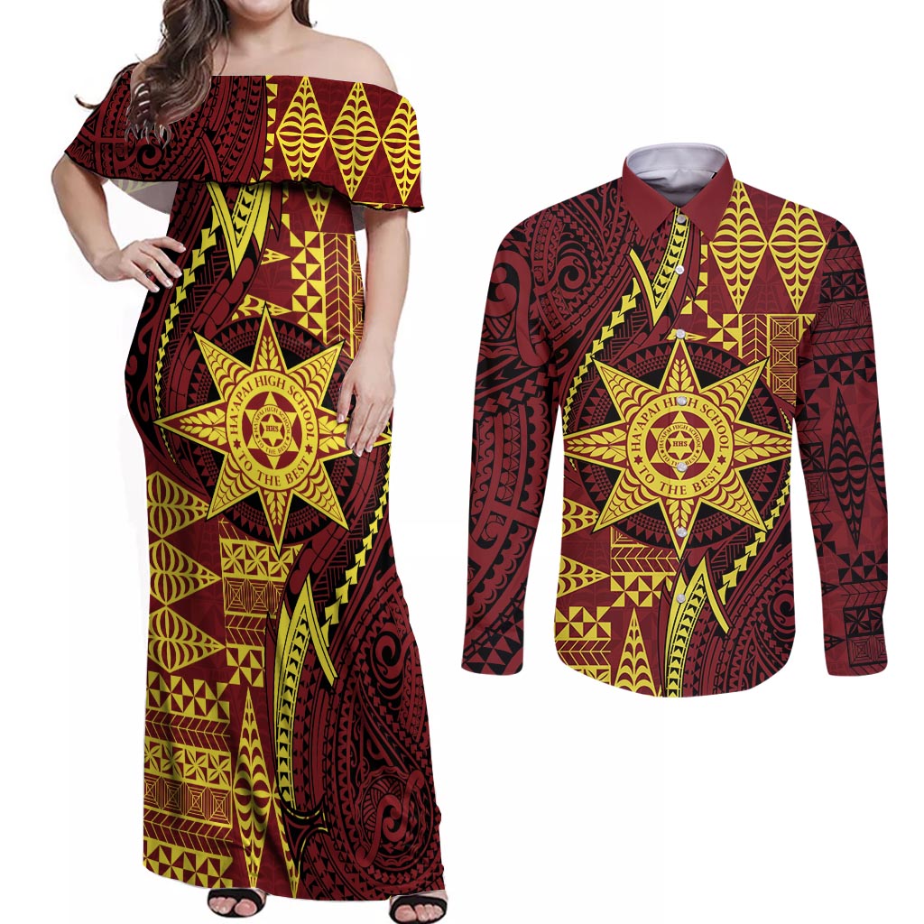 Personalised Tonga Haapai High School Couples Matching Off Shoulder Maxi Dress and Long Sleeve Button Shirt Special Kupesi Pattern