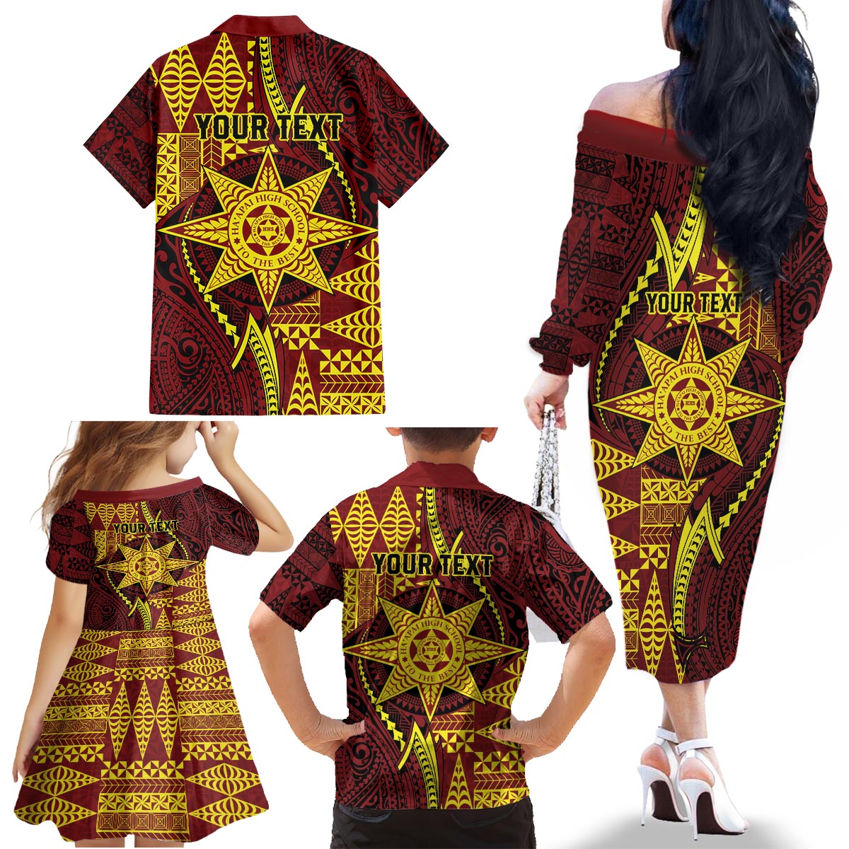 Personalised Tonga Haapai High School Family Matching Off The Shoulder Long Sleeve Dress and Hawaiian Shirt Special Kupesi Pattern