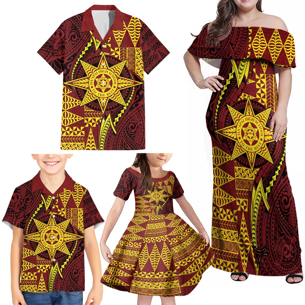 Personalised Tonga Haapai High School Family Matching Off Shoulder Maxi Dress and Hawaiian Shirt Special Kupesi Pattern