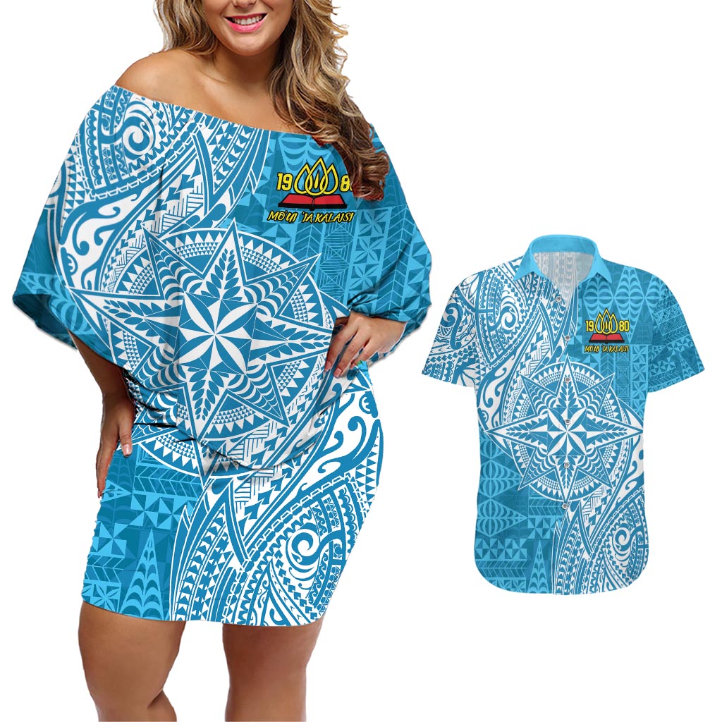 Personalised Tonga Lavengamalie College Couples Matching Off Shoulder Short Dress and Hawaiian Shirt Since 1980 Special Kupesi Pattern