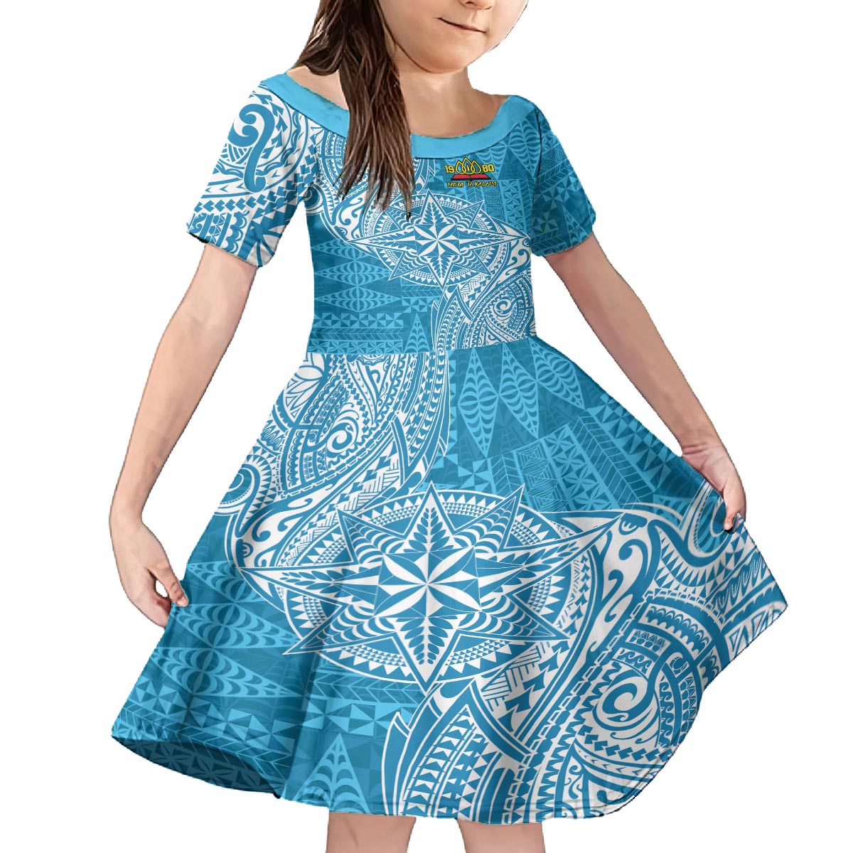 Personalised Tonga Lavengamalie College Family Matching Puletasi and Hawaiian Shirt Since 1980 Special Kupesi Pattern LT9 Daughter's Dress Blue - Polynesian Pride
