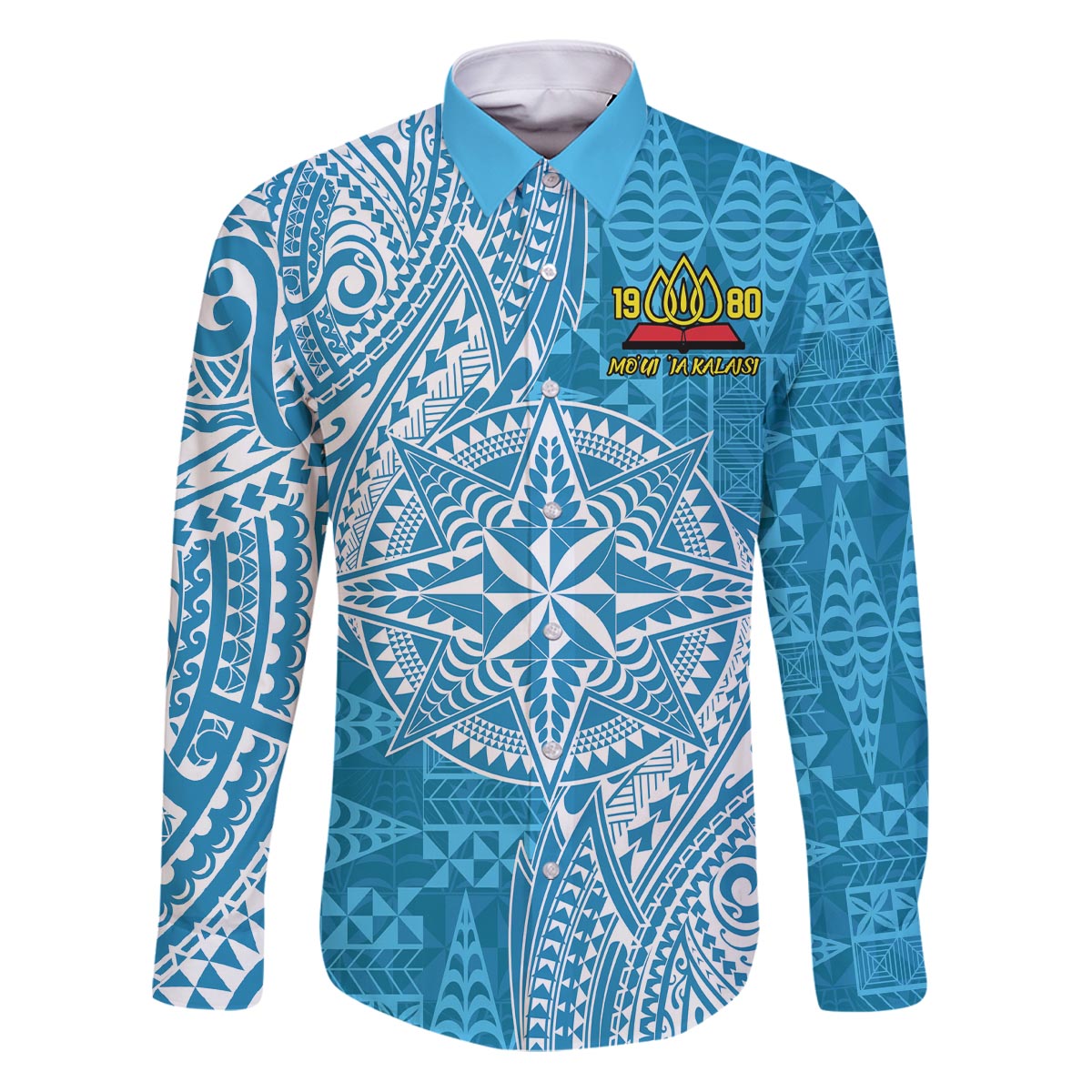 Personalised Tonga Lavengamalie College Family Matching Puletasi and Hawaiian Shirt Since 1980 Special Kupesi Pattern LT9 Dad's Shirt - Long Sleeve Blue - Polynesian Pride