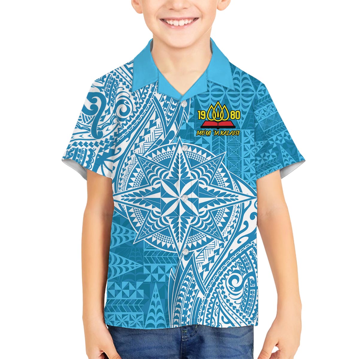 Personalised Tonga Lavengamalie College Family Matching Puletasi and Hawaiian Shirt Since 1980 Special Kupesi Pattern LT9 Son's Shirt Blue - Polynesian Pride