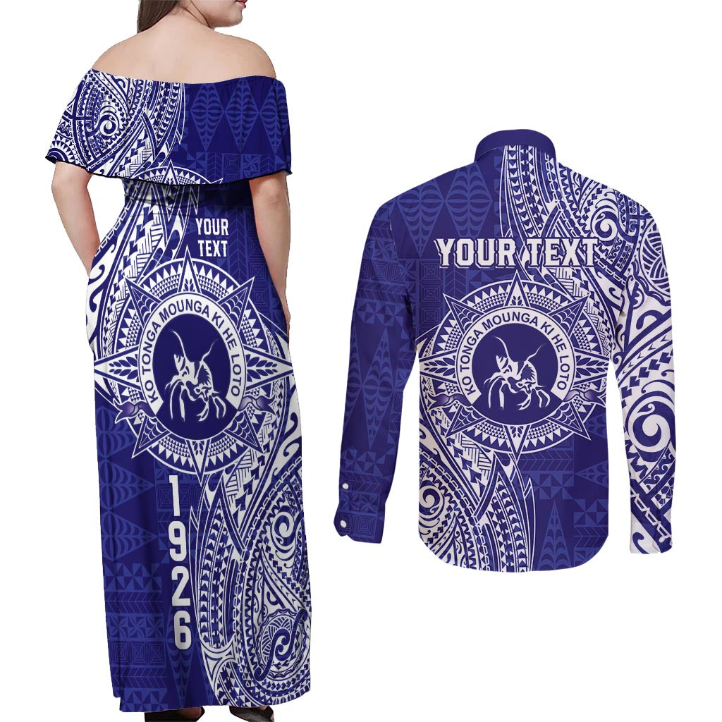 Personalised Tonga Queen Salote College Couples Matching Off Shoulder Maxi Dress and Long Sleeve Button Shirt Kolisi Fefine 1926 Special Kupesi Pattern