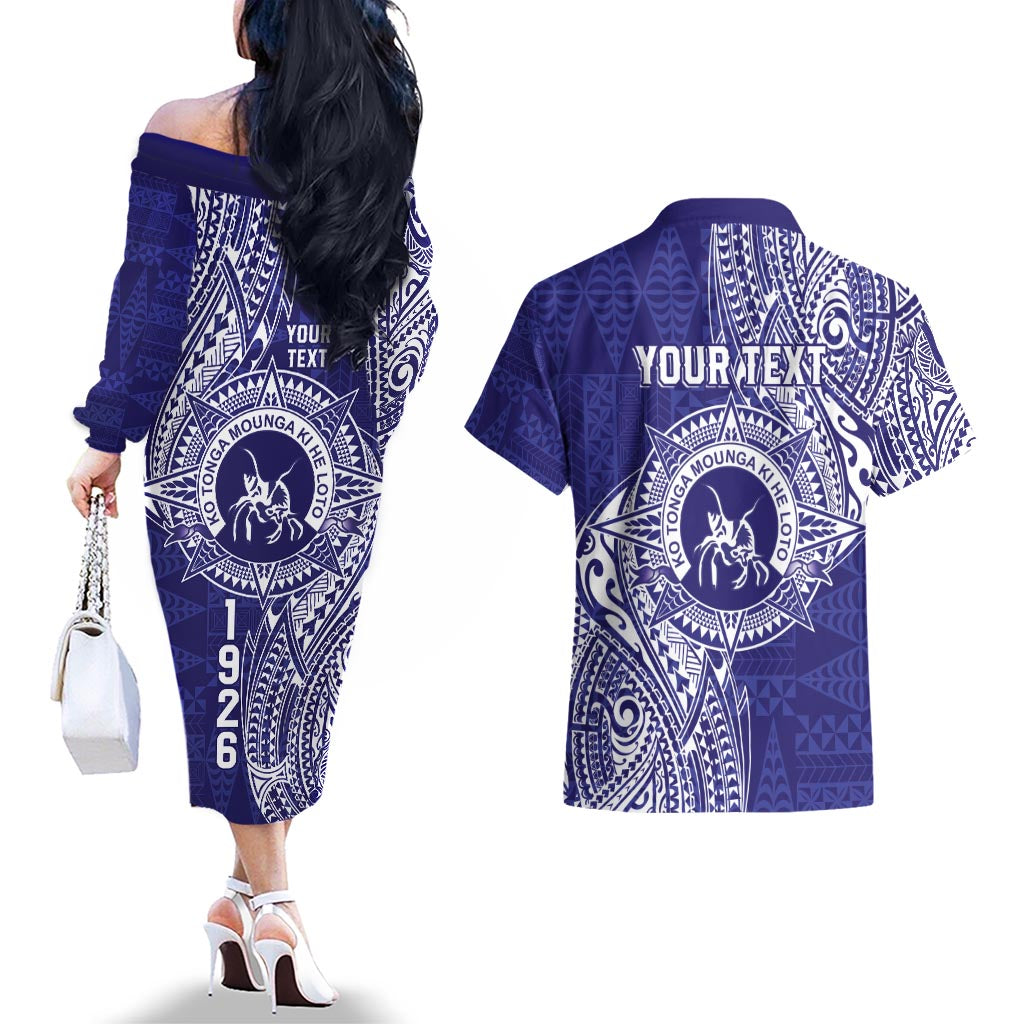 Personalised Tonga Queen Salote College Couples Matching Off The Shoulder Long Sleeve Dress and Hawaiian Shirt Kolisi Fefine 1926 Special Kupesi Pattern