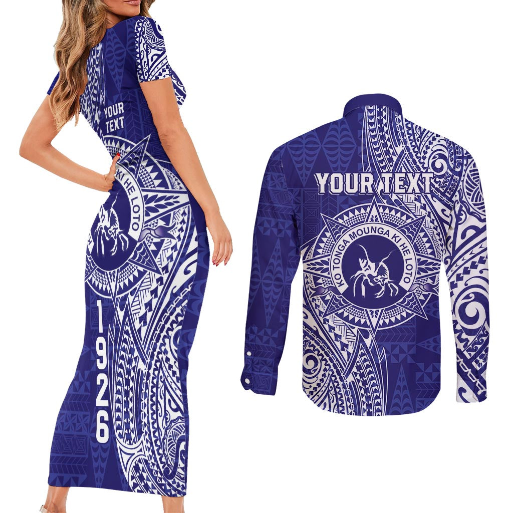 Personalised Tonga Queen Salote College Couples Matching Short Sleeve Bodycon Dress and Long Sleeve Button Shirt Kolisi Fefine 1926 Special Kupesi Pattern
