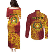 Personalised Tonga Vava'u High School Couples Matching Puletasi and Long Sleeve Button Shirt Since 1985 Special Kupesi Pattern LT9 - Polynesian Pride