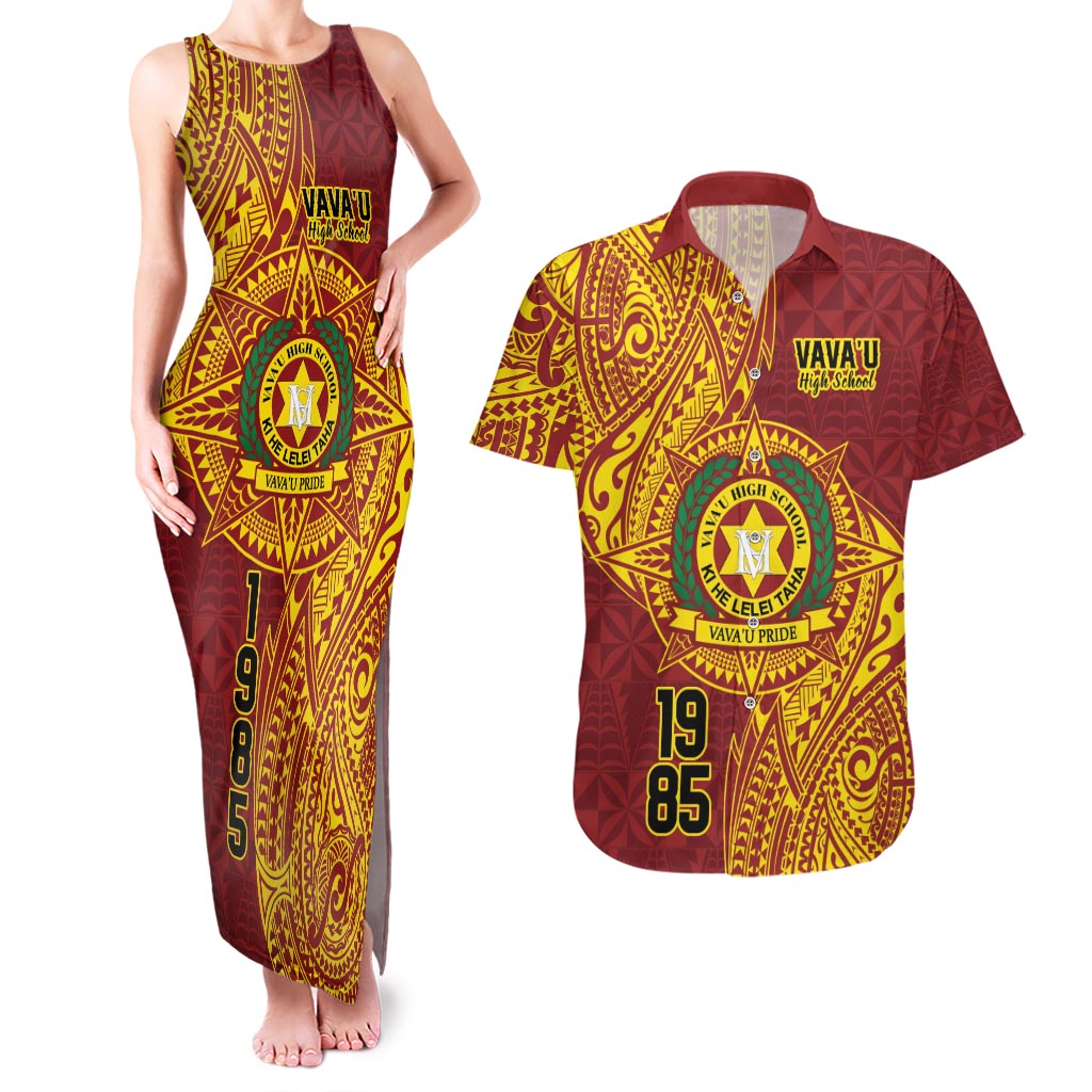 Personalised Tonga Vava'u High School Couples Matching Tank Maxi Dress and Hawaiian Shirt Since 1985 Special Kupesi Pattern LT9 Red - Polynesian Pride