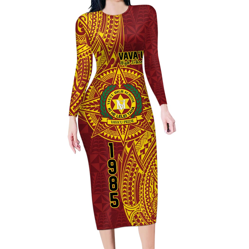 Personalised Tonga Vava'u High School Long Sleeve Bodycon Dress Since 1985 Special Kupesi Pattern LT9 Long Dress Red - Polynesian Pride