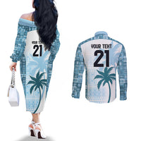 Custom Fiji Rugby Couples Matching Off The Shoulder Long Sleeve Dress and Long Sleeve Button Shirt History Champions World Cup 7s - Bllue
