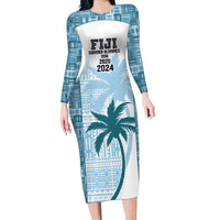 Custom Fiji Rugby Family Matching Long Sleeve Bodycon Dress and Hawaiian Shirt History Champions World Cup 7s - Bllue LT9 Mom's Dress Blue - Polynesian Pride