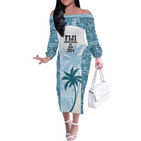 Custom Fiji Rugby Family Matching Off The Shoulder Long Sleeve Dress and Hawaiian Shirt History Champions World Cup 7s - Bllue LT9 Mom's Dress Blue - Polynesian Pride