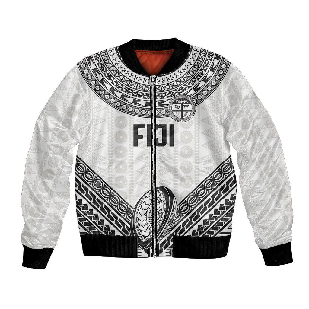 Custom Rugby Fiji National Heritage Bomber Jacket White Traditional Masi Inspired LT9 Unisex White - Polynesian Pride