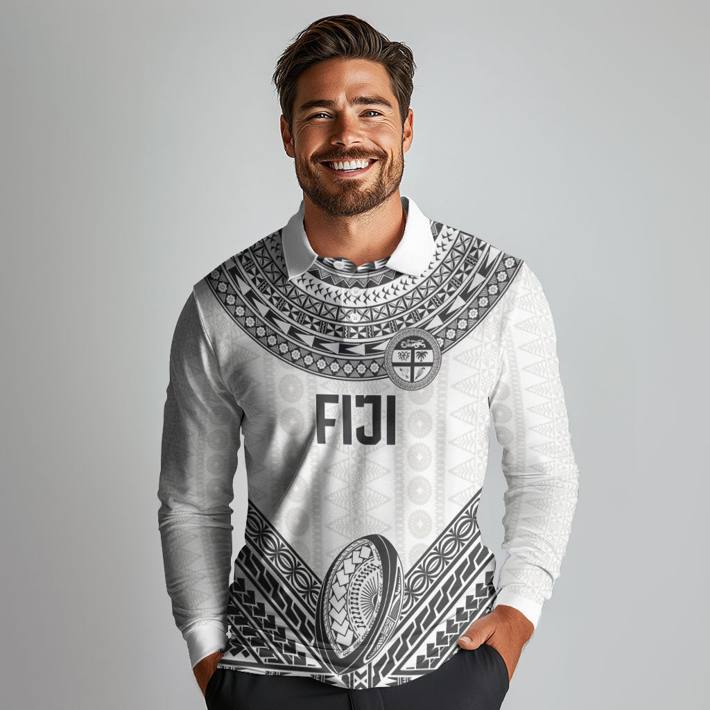 Custom Rugby Fiji National Heritage Long Sleeve Polo Shirt White Traditional Masi Inspired