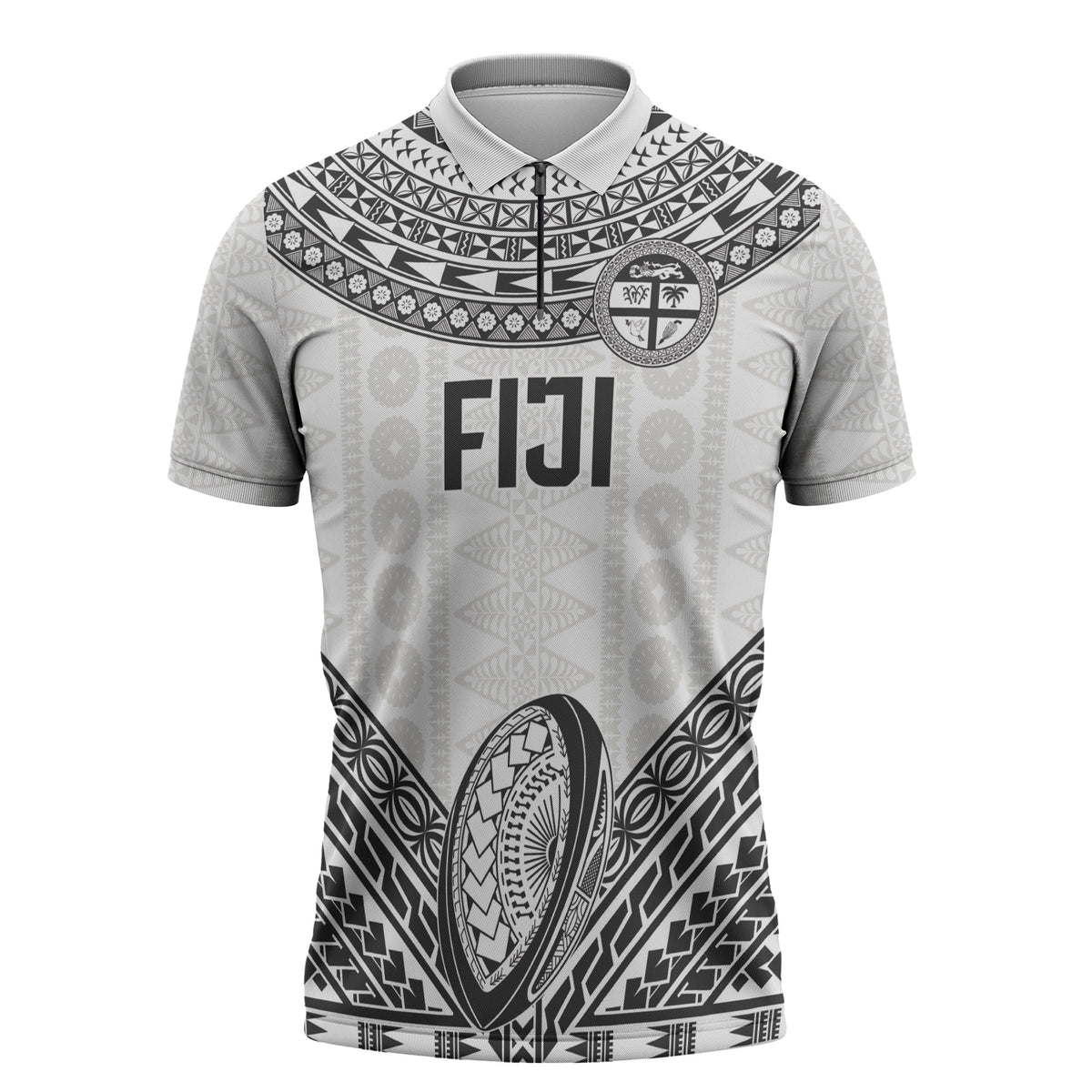 Custom Rugby Fiji National Heritage Zipper Polo Shirt White Traditional Masi Inspired