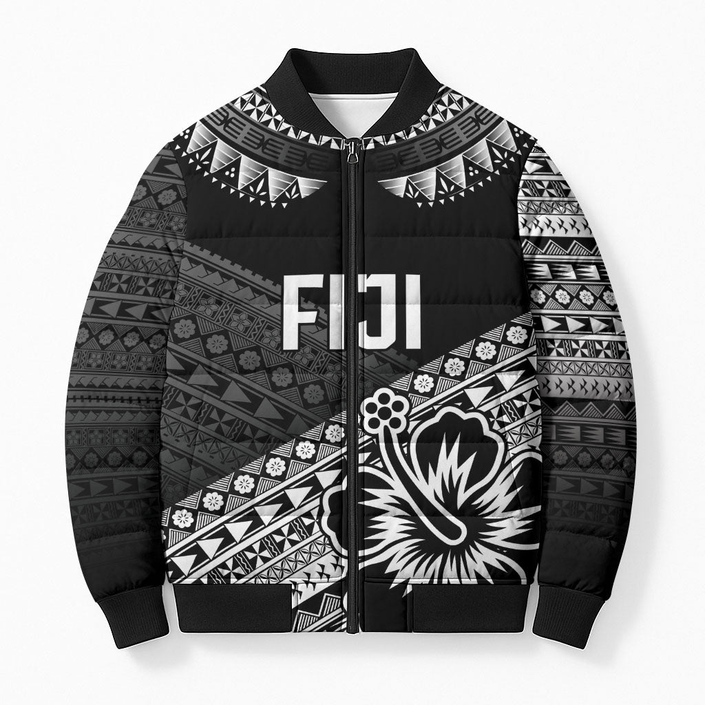 Custom Rugby Fiji Bomber Puffer Jacket Black Traditional Masi Inspired