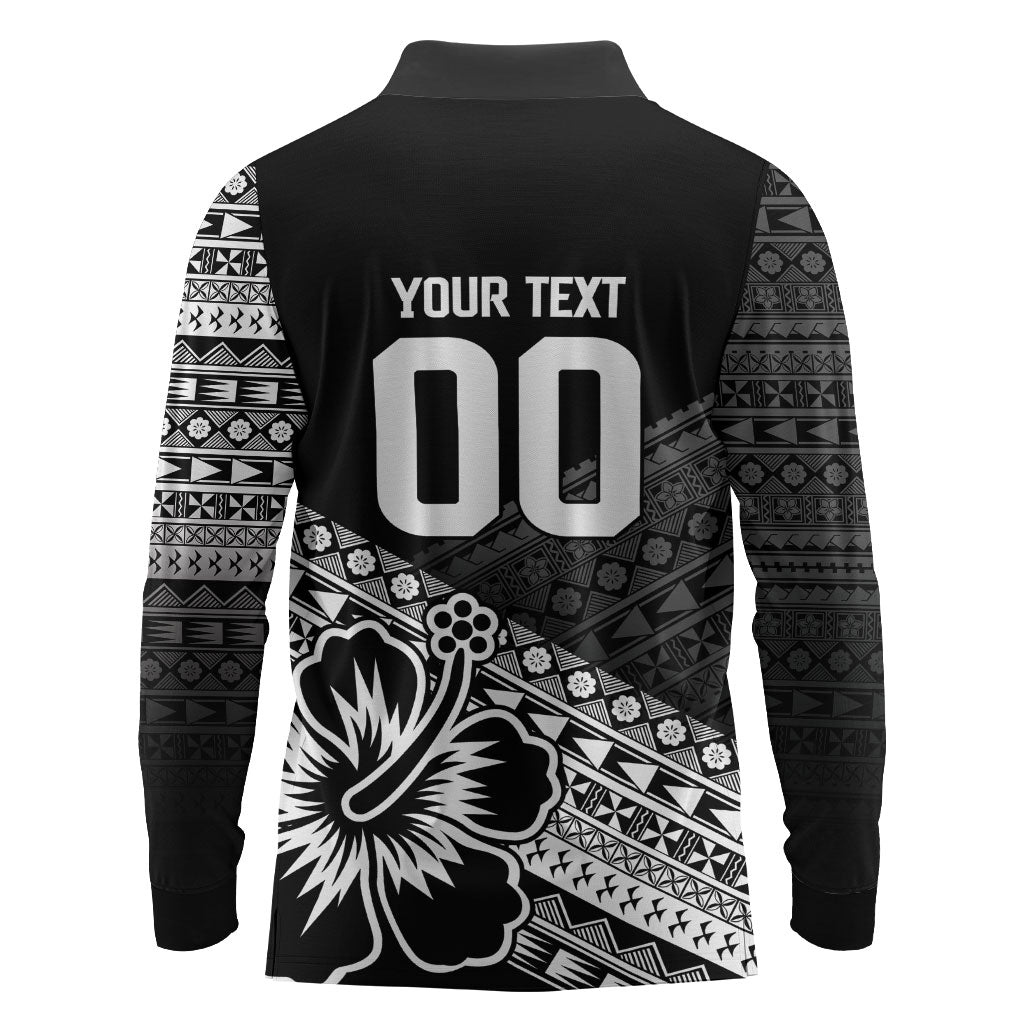 Custom Rugby Fiji Long Sleeve Polo Shirt Black Traditional Masi Inspired
