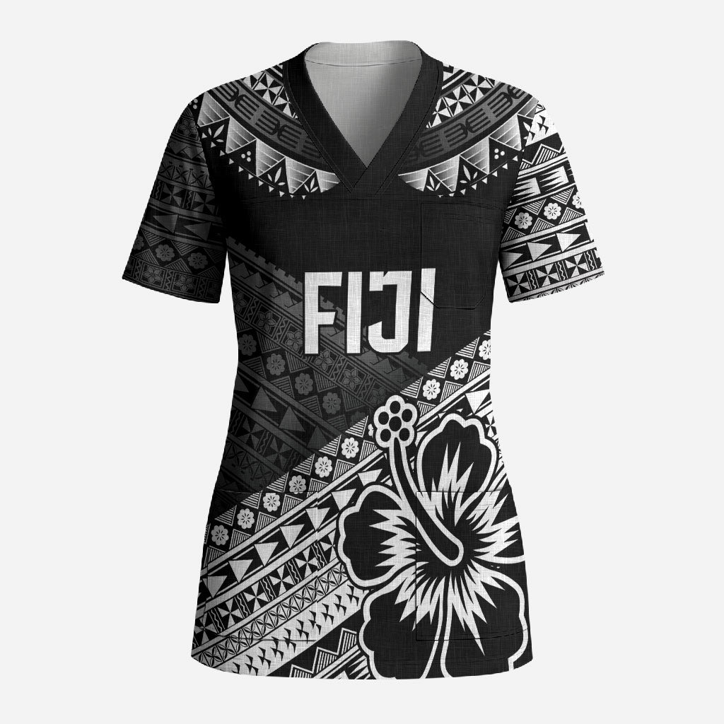 Custom Rugby Fiji Scrub Top Black Traditional Masi Inspired LT9 Adult Black - Polynesian Pride