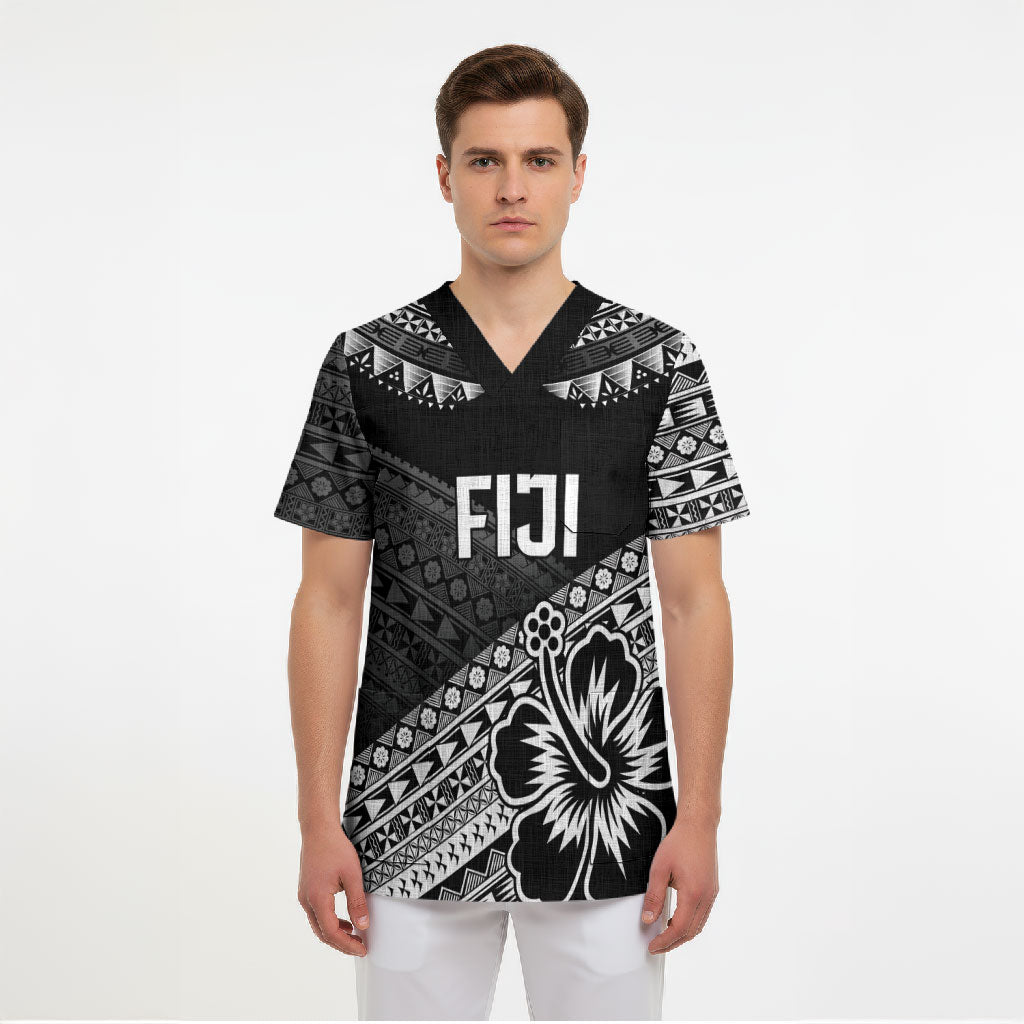 Custom Rugby Fiji Scrub Top Black Traditional Masi Inspired