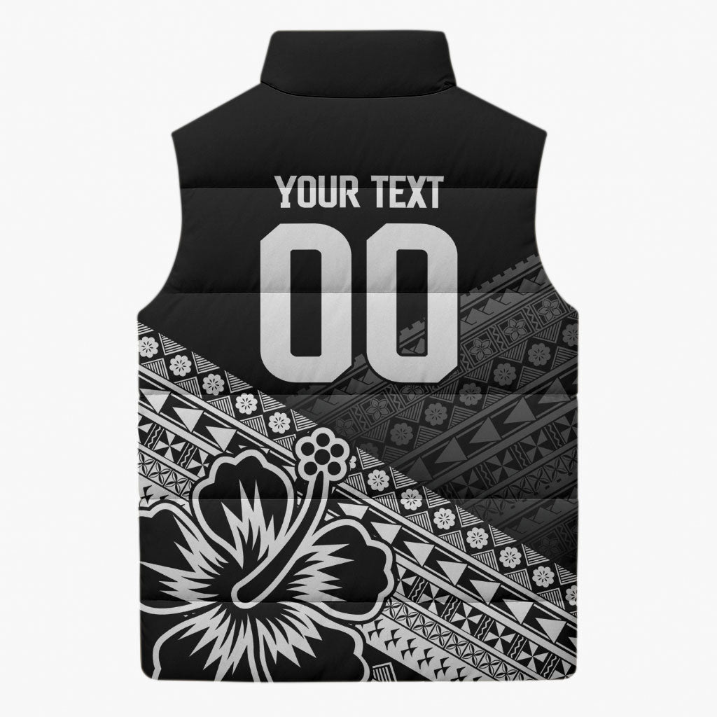 Custom Rugby Fiji Sleeveless Puffer Jacket Black Traditional Masi Inspired