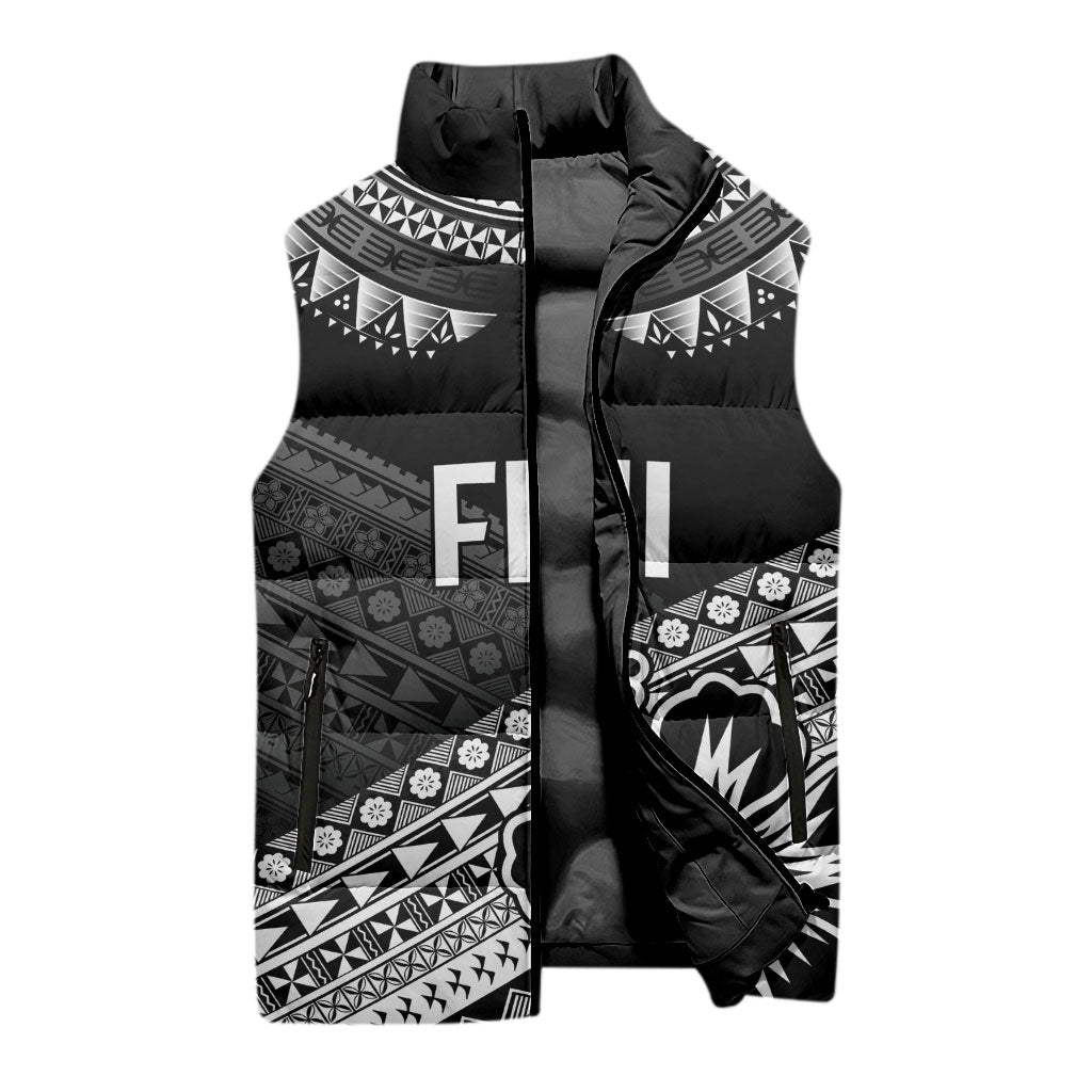 Custom Rugby Fiji Sleeveless Puffer Jacket Black Traditional Masi Inspired