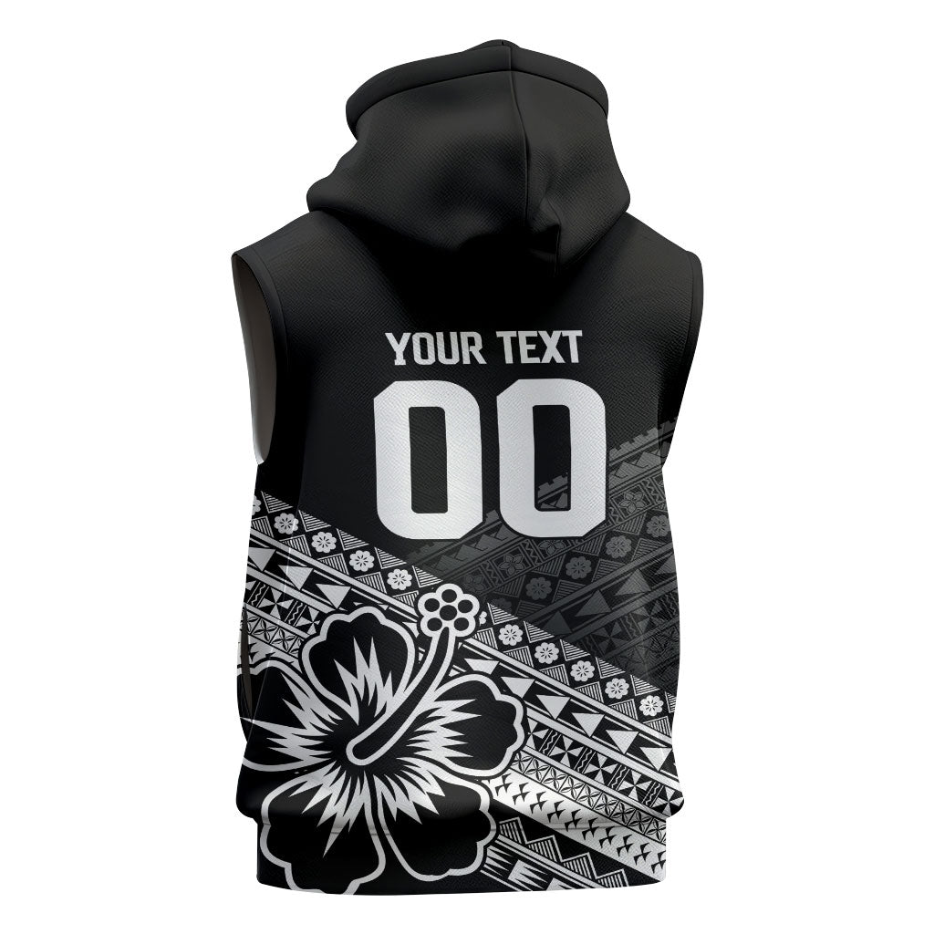 Custom Rugby Fiji Sleeveless Zip Hoodie Black Traditional Masi Inspired