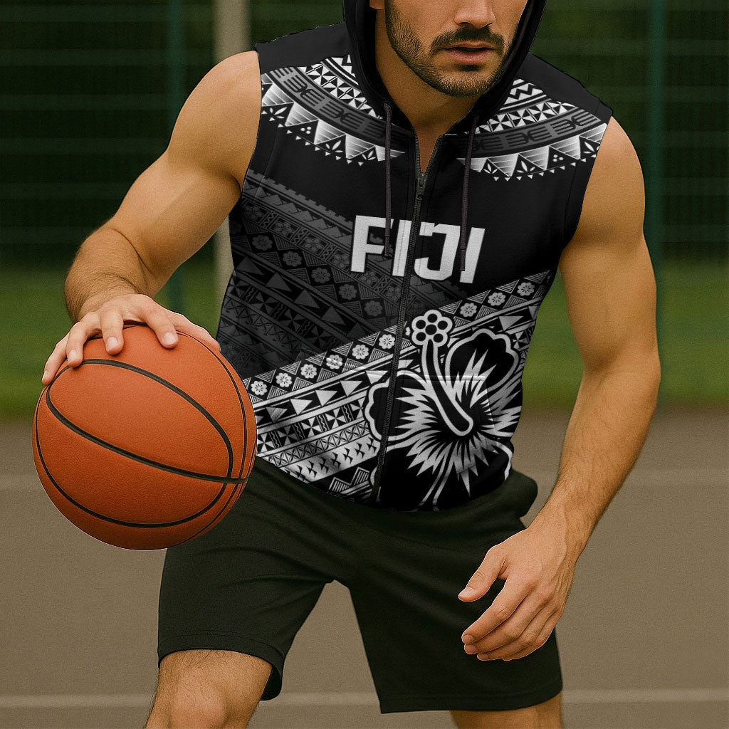 Custom Rugby Fiji Sleeveless Zip Hoodie Black Traditional Masi Inspired