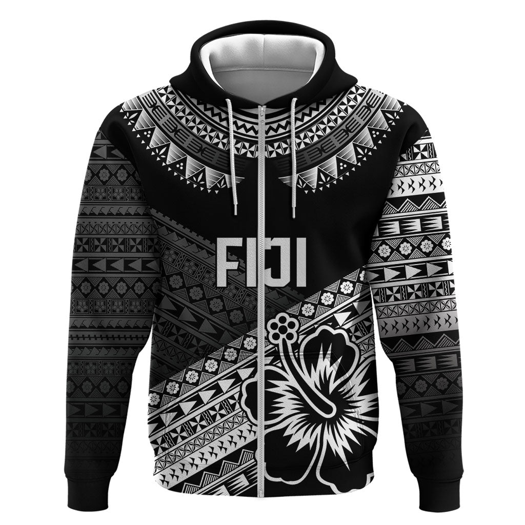 Custom Rugby Fiji Zip Hoodie Black Traditional Masi Inspired LT9 Zip Hoodie Black - Polynesian Pride