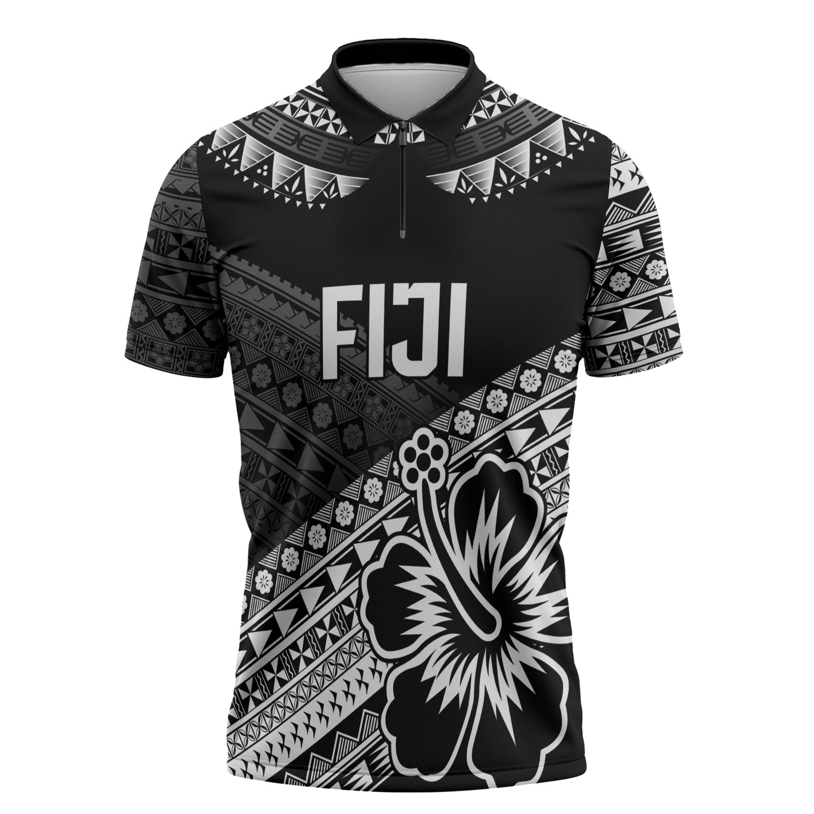Custom Rugby Fiji Zipper Polo Shirt Black Traditional Masi Inspired LT9 Black - Polynesian Pride