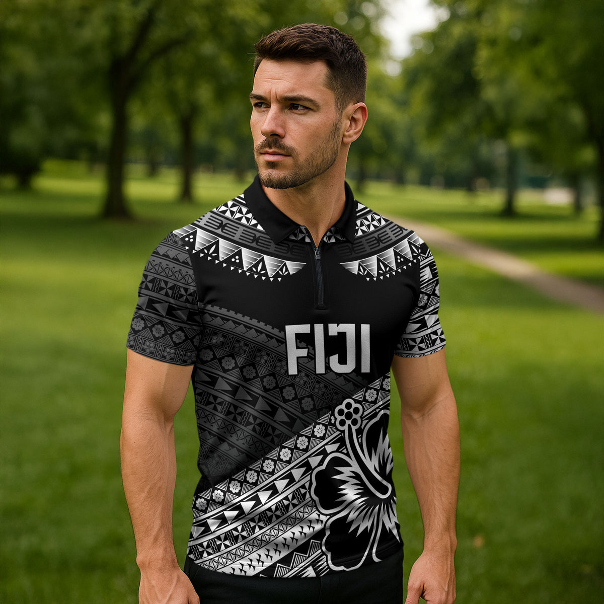 Custom Rugby Fiji Zipper Polo Shirt Black Traditional Masi Inspired