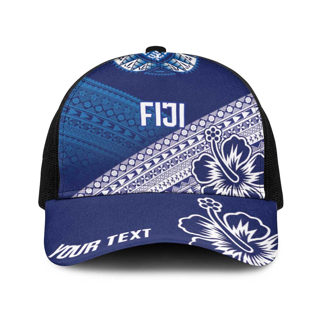 Personalised Rugby Fiji Baseball Net Cap Blue Traditional Masi Inspired LT9 One Size Black Blue - Polynesian Pride