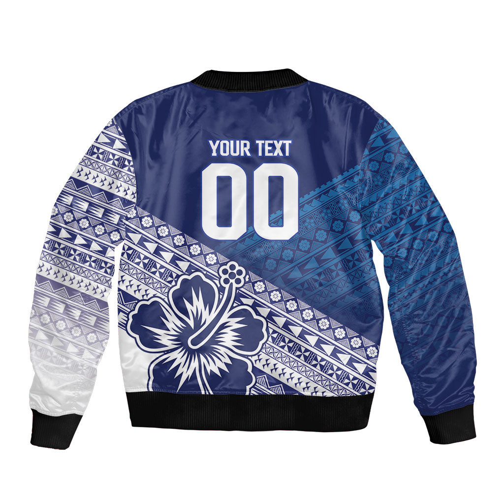 Custom Rugby Fiji Bomber Jacket Blue Traditional Masi Inspired